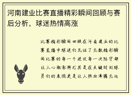 河南建业比赛直播精彩瞬间回顾与赛后分析，球迷热情高涨