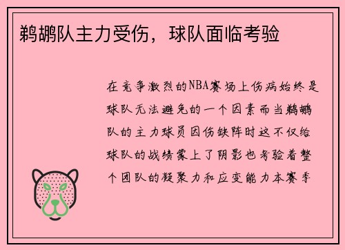 鹈鹕队主力受伤，球队面临考验